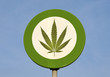 Green and white round reflective sign with canabis leaf