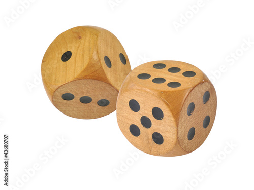 Photo: Retro wooden dice, six and one, isolated on white Retro wooden dice, six and one, isolated on white