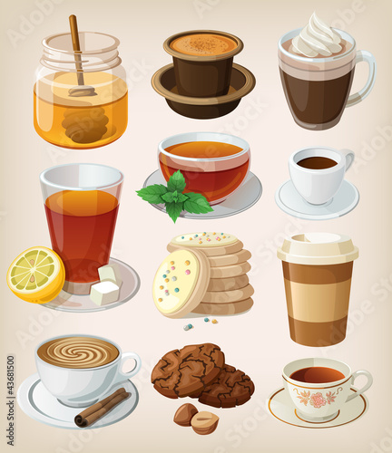 Vector: Set of delicious hot drinks and supplies Set of delicious hot drinks and supplies