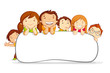 vector illustration of kids standing behind placard