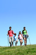 Family of four hiking in the mountain by sunny day
