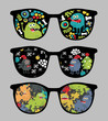 Retro sunglasses with monsters and flora reflection in it.