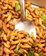 Dishing up a portion of fried larvae