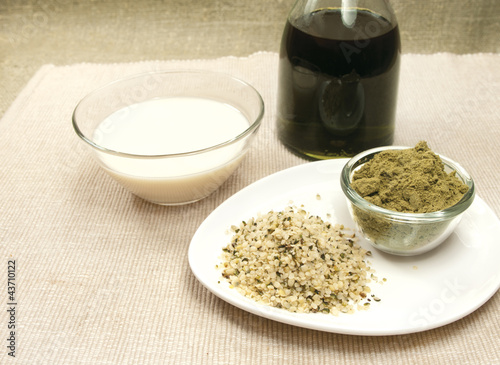 Photo: hemp products: oil, milk, powder, seeds hemp products: oil, milk, powder, seeds