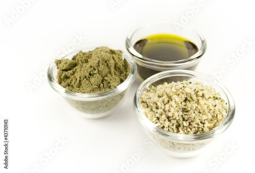 Photo: hemp products: oil, powder, seeds hemp products: oil, powder, seeds