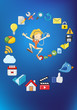Vector: girl jumping and listening music with Internet icons set girl jumping and listening music with Internet icons set