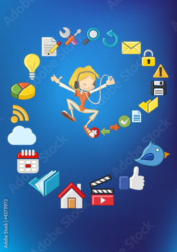 Vector: girl jumping and listening music with Internet icons set girl jumping and listening music with Internet icons set