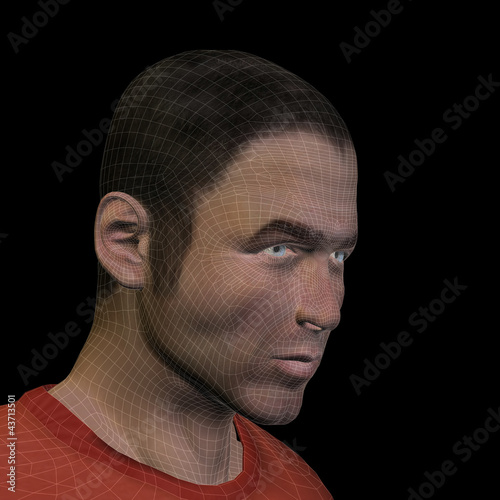 Illustration: High resolution 3D wireframe human male head isolated on black High resolution 3D wireframe human male head isolated on black