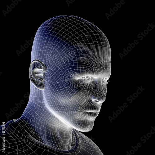 Illustration: High resolution 3D wireframe human male head isolated on black High resolution 3D wireframe human male head isolated on black
