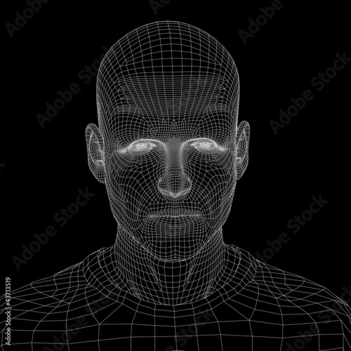 Illustration: High resolution 3D wireframe human male head isolated on black High resolution 3D wireframe human male head isolated on black