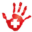 High resolution red painted hand with a white cross for medicine