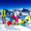 Skiing, winter fun - happy family ski team