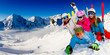 Skiing, winter fun - happy family ski team
