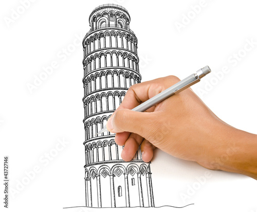 Photo: Hand drawing Pisa Tower line in Italy for construction. Hand drawing Pisa Tower line in Italy for construction.