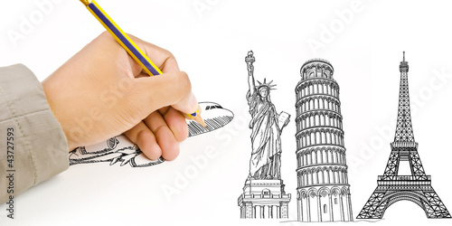 Photo: Hand Drawing Airplane for travel around the world. Hand Drawing Airplane for travel around the world.