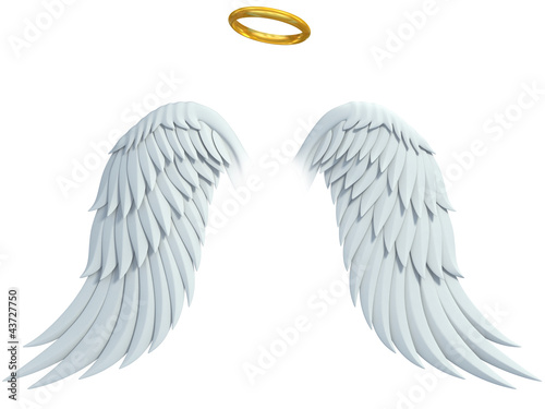 Illustration: angel design elements - wings and golden halo isolated angel design elements - wings and golden halo isolated