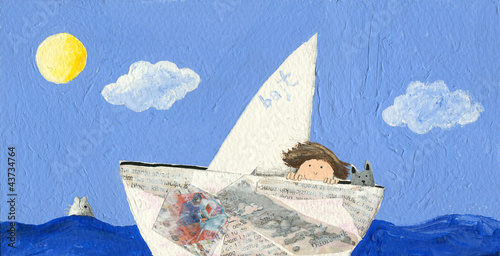 Illustration: Little boy and cat sailing Little boy and cat sailing