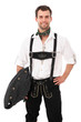 Photo: Junger Mann in bayerischer Tracht mit Strickjacke unterm Arm Junger Mann in bayerischer Tracht mit Strickjacke unterm Arm