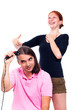 Photo: Man shaving his hair and woman laughing at him Man shaving his hair and woman laughing at him