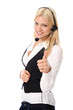 Junge blonde Frau mit Headset und Daumen nach oben