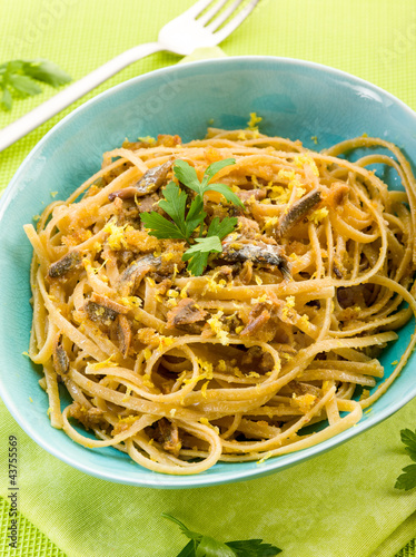 Photo: spaghetti with anchovy, grated bread and lemon peel spaghetti with anchovy, grated bread and lemon peel