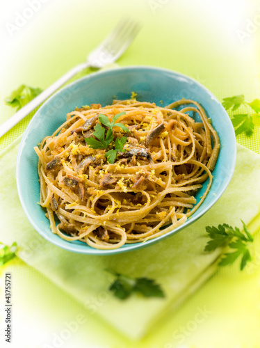 Photo: spaghetti with anchovy, grated bread and lemon peel spaghetti with anchovy, grated bread and lemon peel