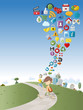 Vector: boy using tablet on green park with Internet icons Set boy using tablet on green park with Internet icons Set