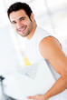 Man holding a weight scale