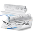 Architectural background with rolls of drawings