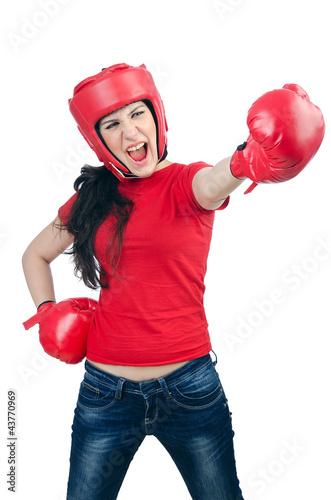 Photo: Woman boxer on white background Woman boxer on white background