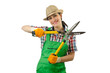Girl with garden scissors on white