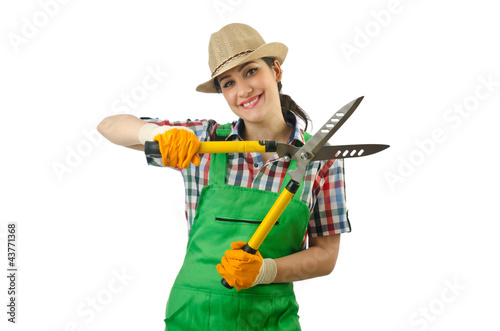 Photo: Girl with garden scissors on white Girl with garden scissors on white