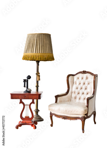 Photo: vintage armchair and telephone isolated with clipping path vintage armchair and telephone isolated with clipping path