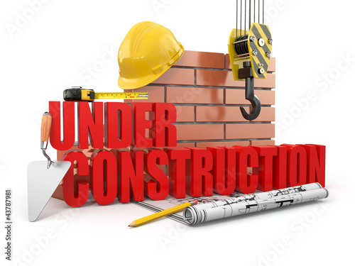 Illustration: Under construction. Tools, hardhat and wall. 3d Under construction. Tools, hardhat and wall. 3d