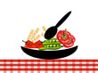 Illustration: Plate with vegetables isolated on homey background Plate with vegetables isolated on homey background
