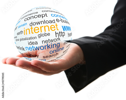 Photo: Transparent ball with internet word in a hand Transparent ball with internet word in a hand