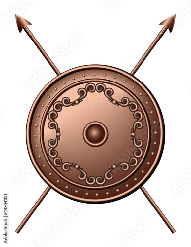 Vektor: Bronze shield and crossed spears. Bronze shield and crossed spears.