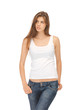Photo: calm and serious woman in blank white t-shirt calm and serious woman in blank white t-shirt