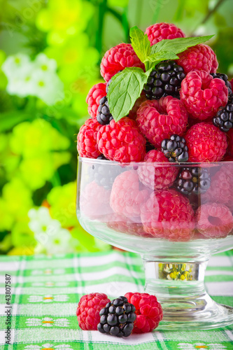 Foto: Sweet fresh fruits in glass goblet with mint leaf Sweet fresh fruits in glass goblet with mint leaf