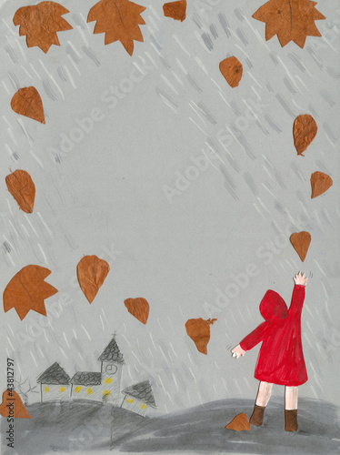 Illustration: Fall - little girl in a raincoat Fall - little girl in a raincoat