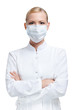 Doctor is in medical gown and respirator, isolated on white