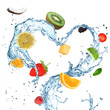 Foto: Fruit with water splash heart over white Fruit with water splash heart over white