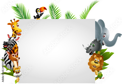 Vetor: Wild African animal cartoon with blank sign Wild African animal cartoon with blank sign