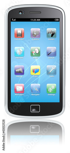 Photo: Smartphone. Black Smartphone, blue screen with icons. Isolated. Smartphone. Black Smartphone, blue screen with icons. Isolated.