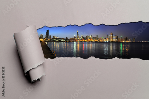 Photo: Torn Paper With Chicago Skyline Torn Paper With Chicago Skyline