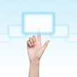 Hand pressing virtual button on futuristic holographic screen.