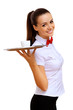 Foto: Young waitress with an empty tray Young waitress with an empty tray