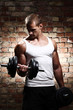 Muscular guy doing exercises with dumbbell