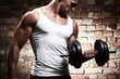 Muscular guy doing exercises with dumbbell