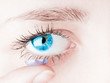Close up of inserting a contact lens in female eye